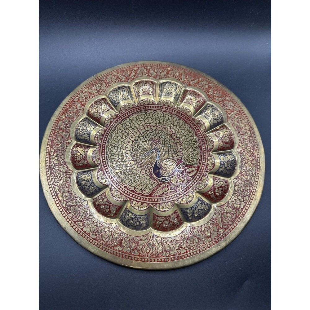 Old Collective Vintage Brass Peacock Enamel Plate Wall Showpiece Décor G26-68